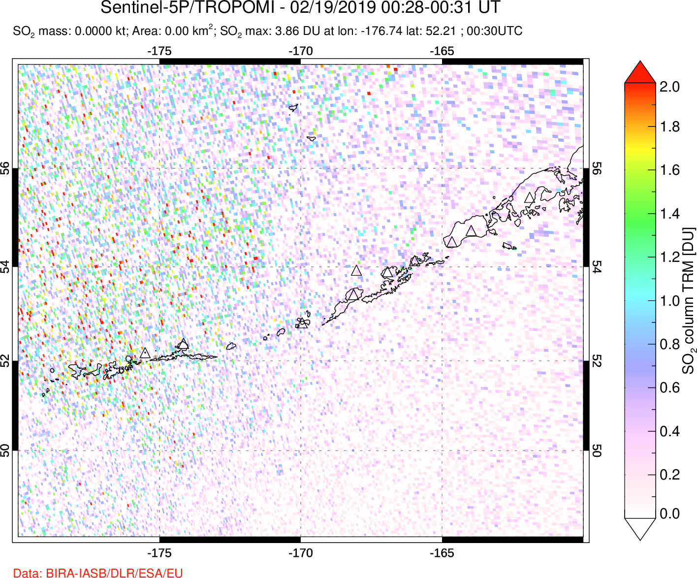 A sulfur dioxide image over Aleutian Islands, Alaska, USA on Feb 19, 2019.