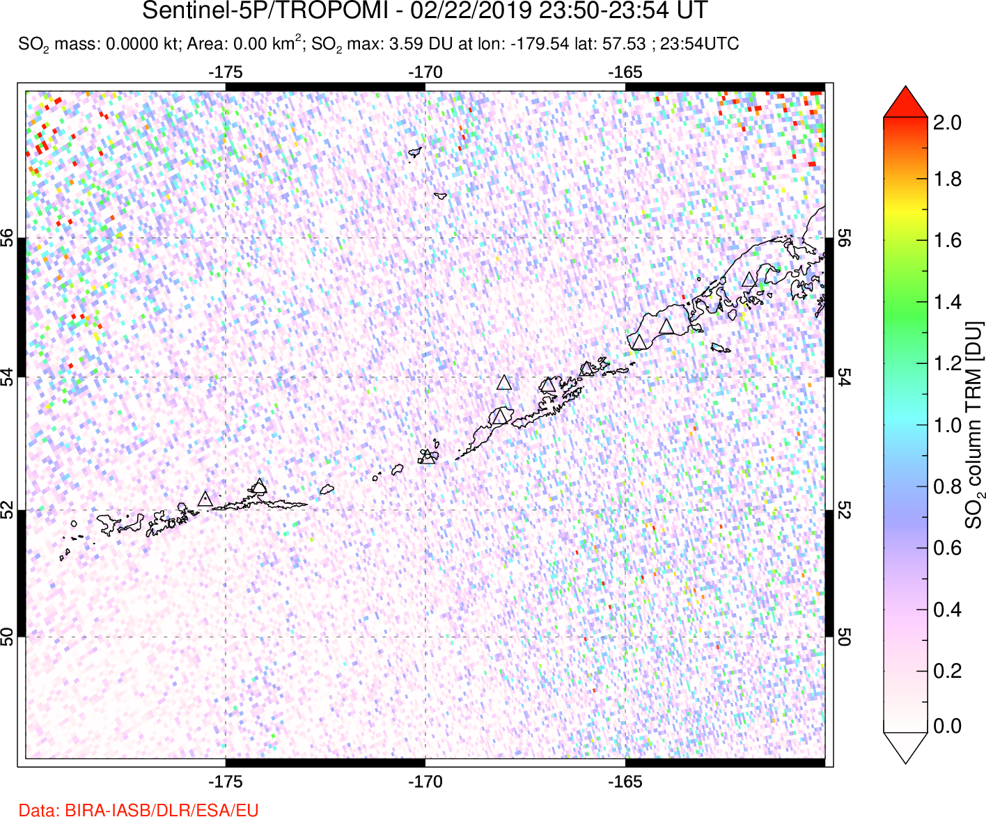 A sulfur dioxide image over Aleutian Islands, Alaska, USA on Feb 22, 2019.