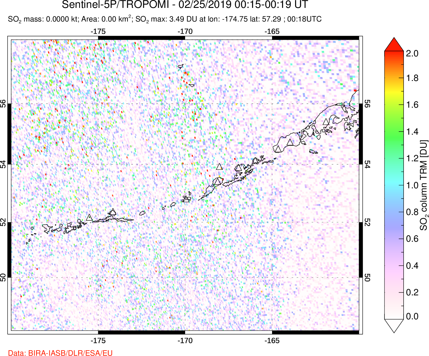 A sulfur dioxide image over Aleutian Islands, Alaska, USA on Feb 25, 2019.