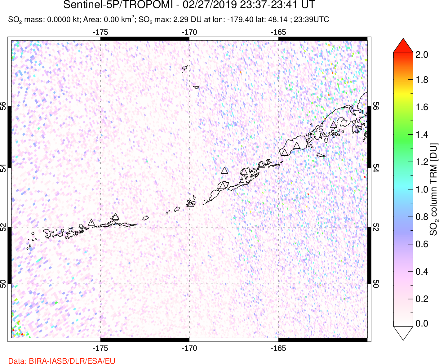 A sulfur dioxide image over Aleutian Islands, Alaska, USA on Feb 27, 2019.