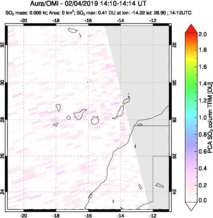 A sulfur dioxide image over Canary Islands on Feb 04, 2019.