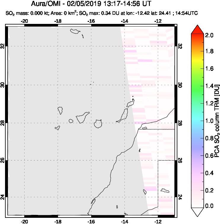A sulfur dioxide image over Canary Islands on Feb 05, 2019.