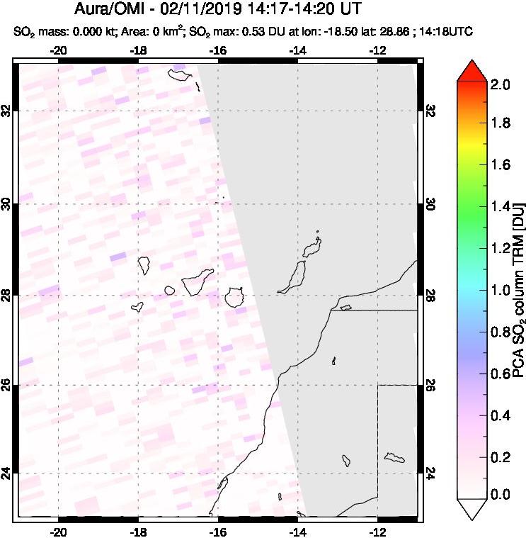A sulfur dioxide image over Canary Islands on Feb 11, 2019.