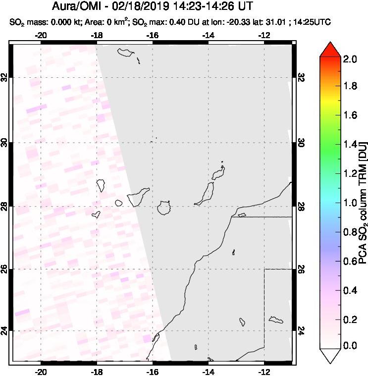 A sulfur dioxide image over Canary Islands on Feb 18, 2019.