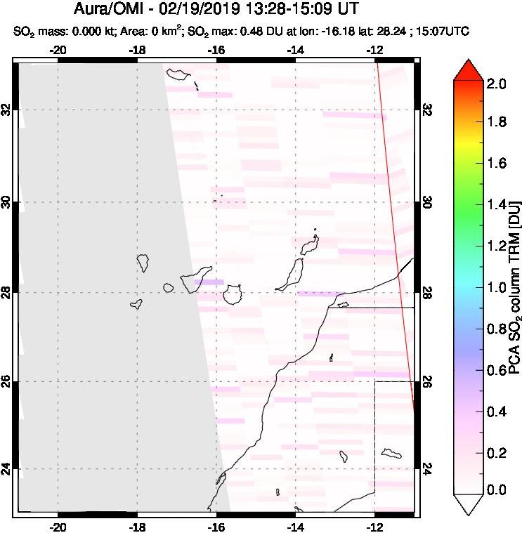 A sulfur dioxide image over Canary Islands on Feb 19, 2019.