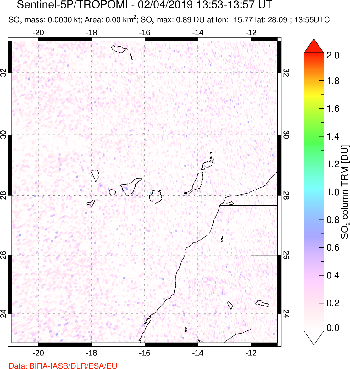 A sulfur dioxide image over Canary Islands on Feb 04, 2019.