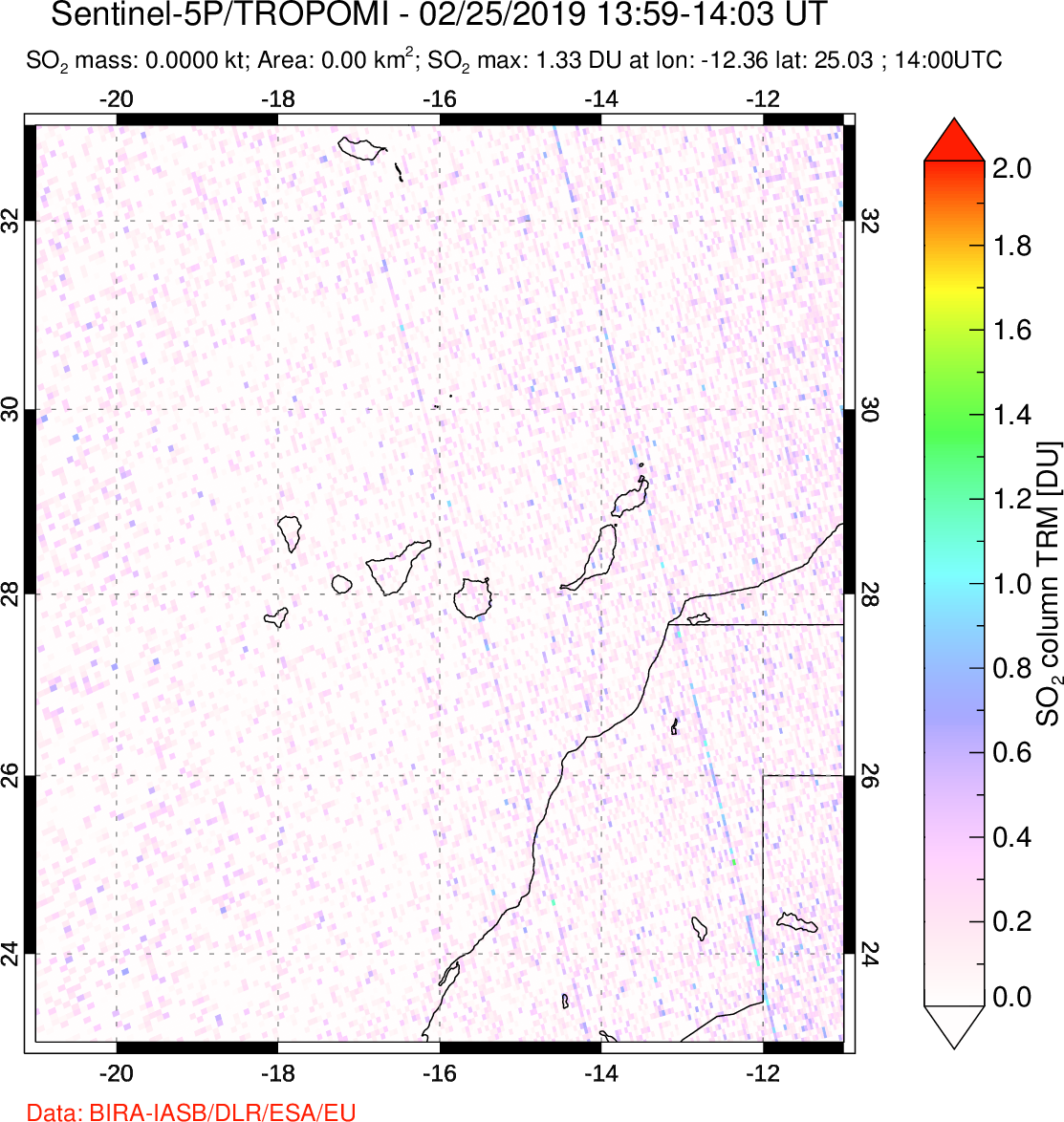 A sulfur dioxide image over Canary Islands on Feb 25, 2019.