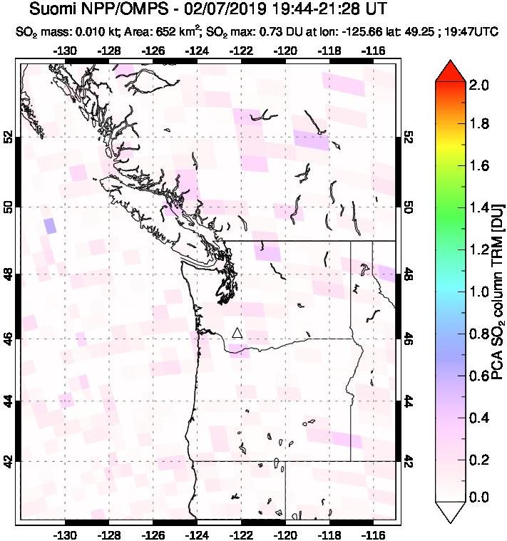 A sulfur dioxide image over Cascade Range, USA on Feb 07, 2019.