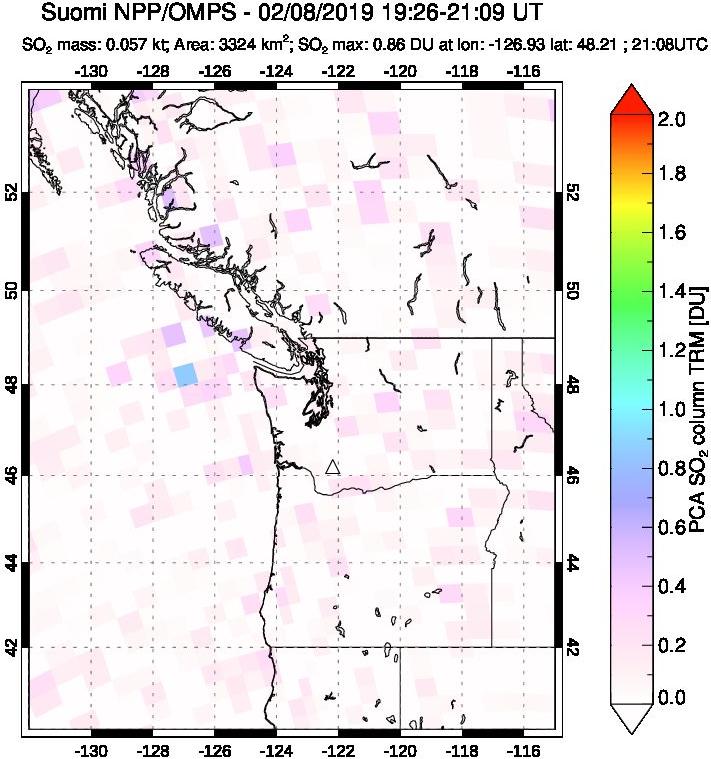 A sulfur dioxide image over Cascade Range, USA on Feb 08, 2019.