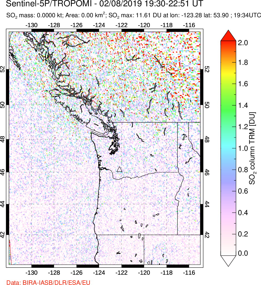 A sulfur dioxide image over Cascade Range, USA on Feb 08, 2019.