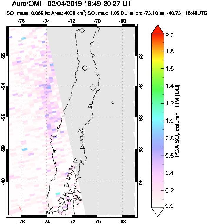 A sulfur dioxide image over Central Chile on Feb 04, 2019.