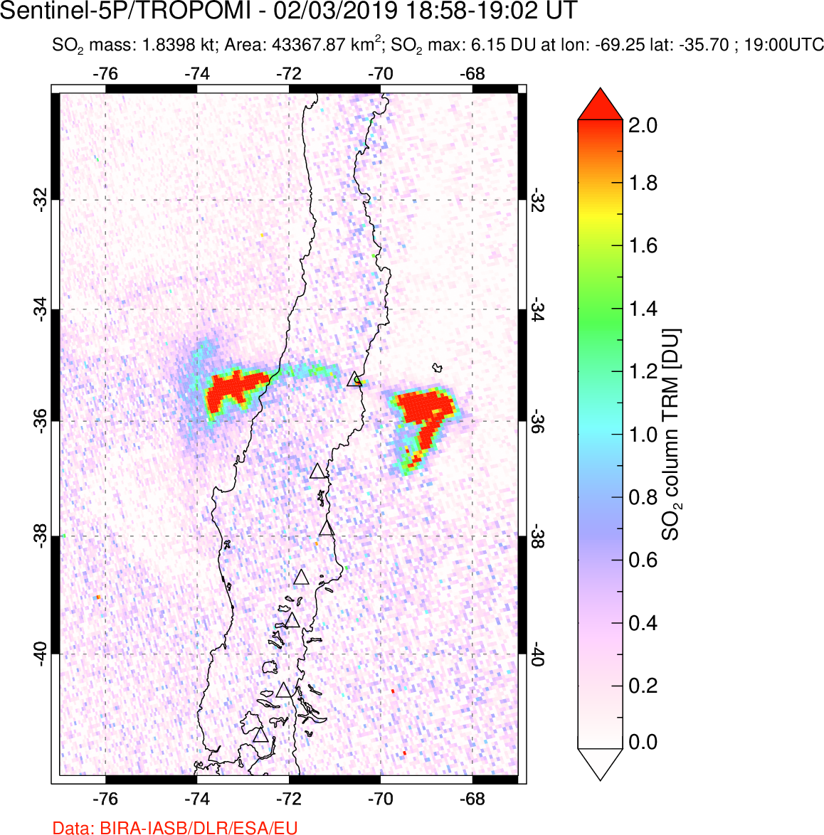 A sulfur dioxide image over Central Chile on Feb 03, 2019.