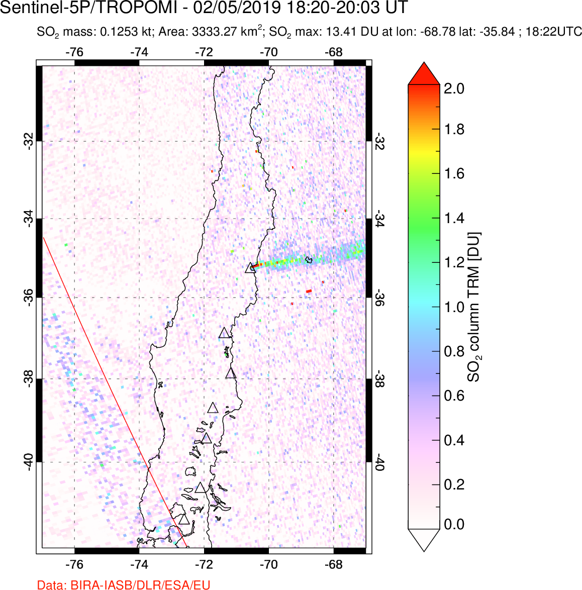 A sulfur dioxide image over Central Chile on Feb 05, 2019.