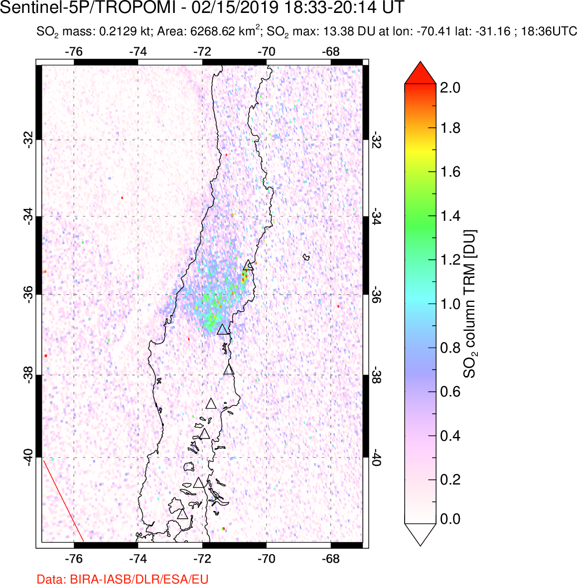 A sulfur dioxide image over Central Chile on Feb 15, 2019.