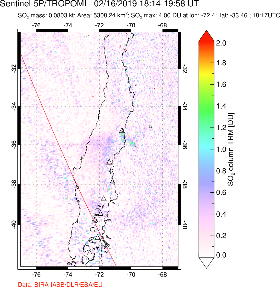 A sulfur dioxide image over Central Chile on Feb 16, 2019.