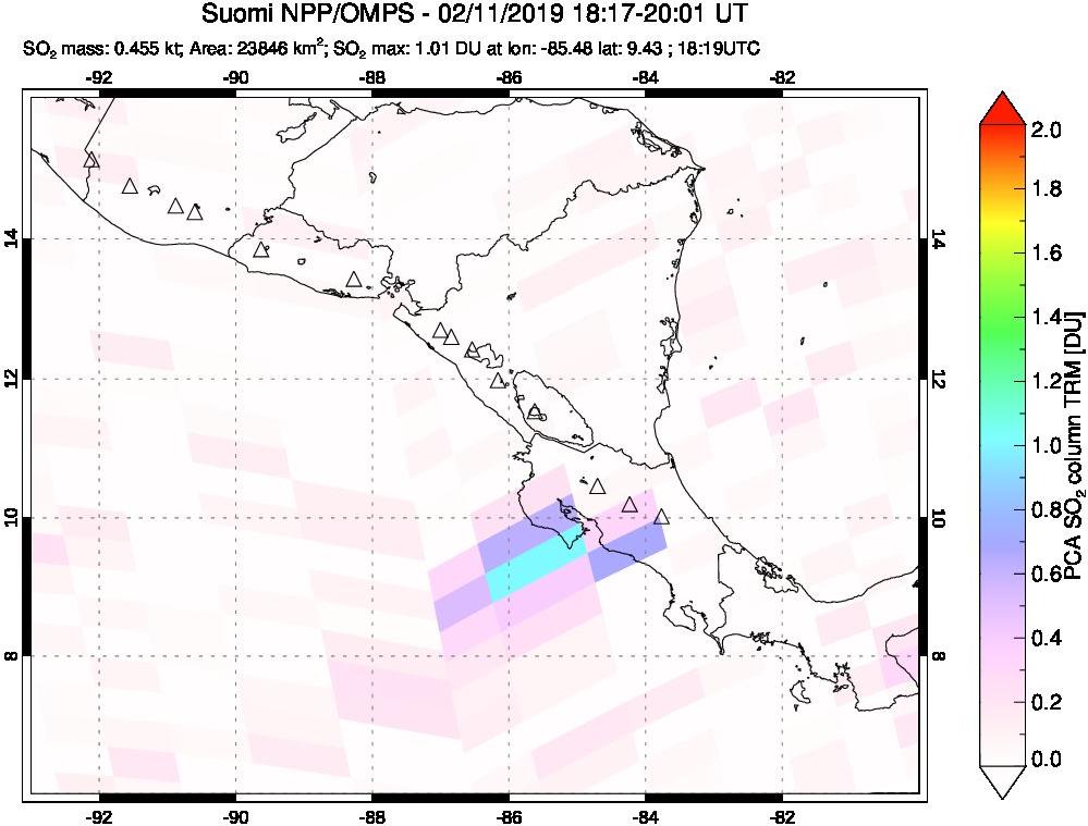 A sulfur dioxide image over Central America on Feb 11, 2019.