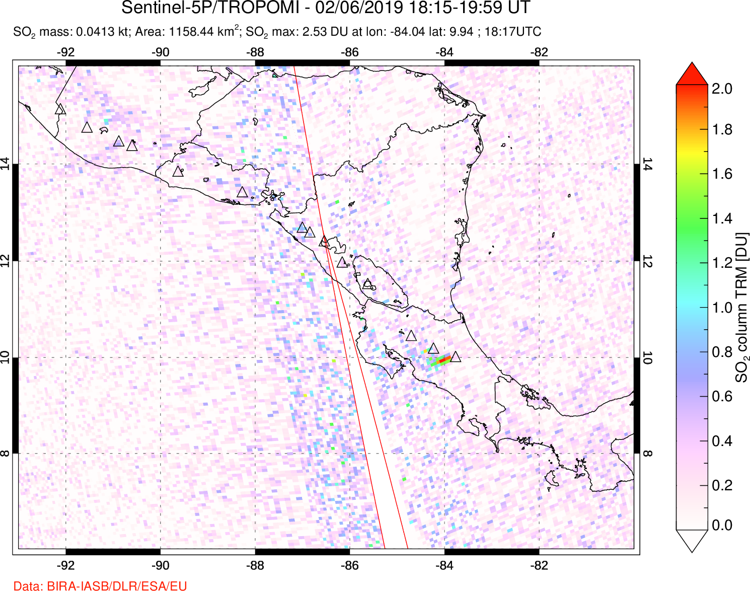 A sulfur dioxide image over Central America on Feb 06, 2019.
