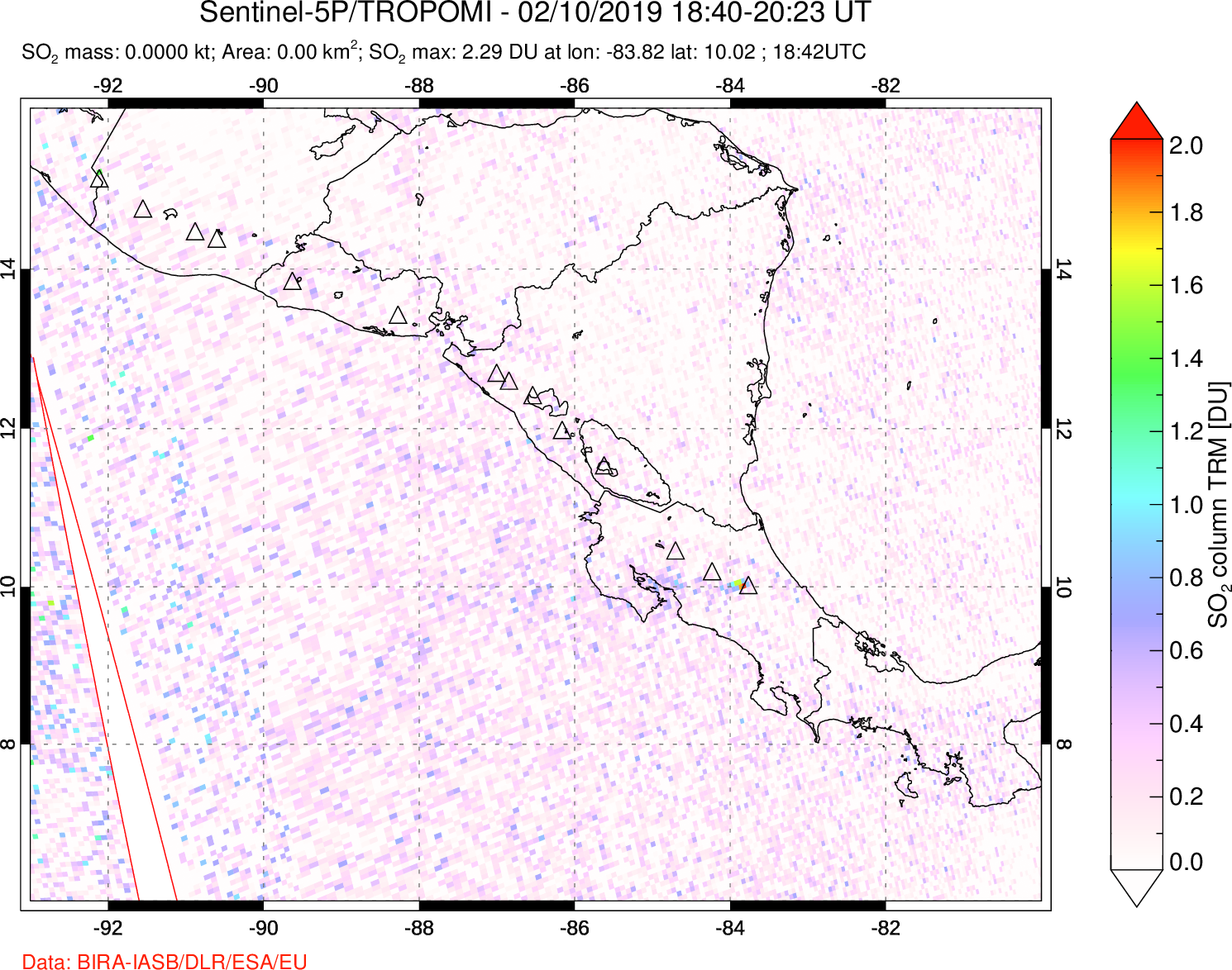 A sulfur dioxide image over Central America on Feb 10, 2019.