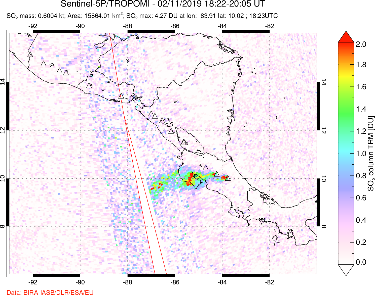 A sulfur dioxide image over Central America on Feb 11, 2019.