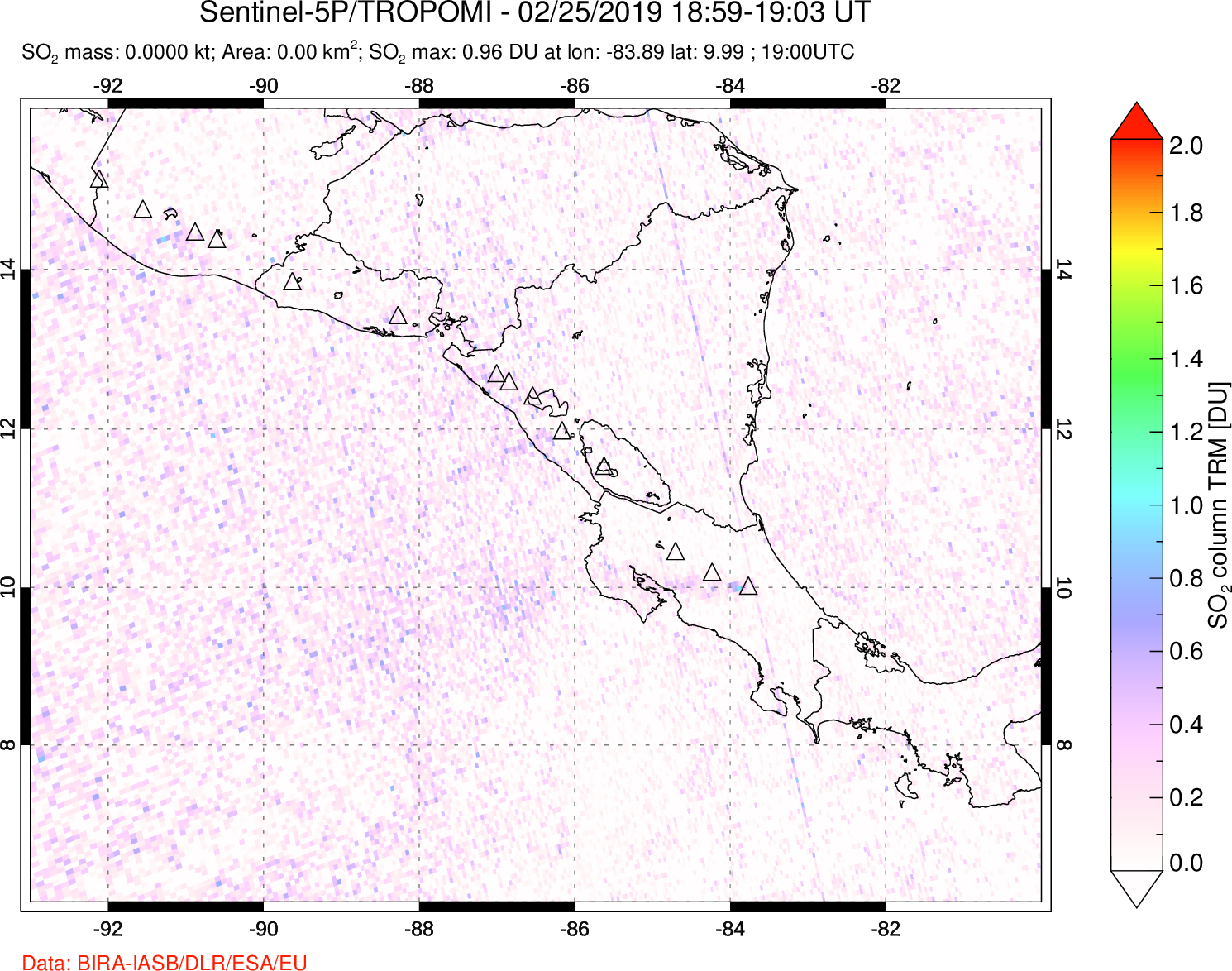 A sulfur dioxide image over Central America on Feb 25, 2019.