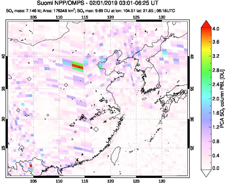 A sulfur dioxide image over Eastern China on Feb 01, 2019.