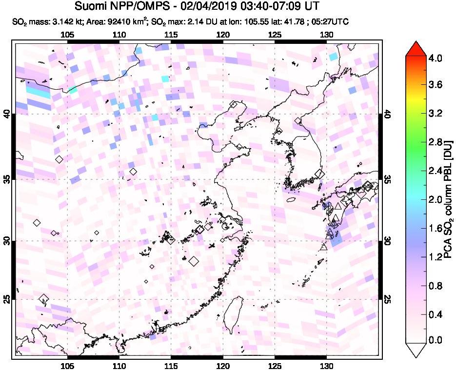 A sulfur dioxide image over Eastern China on Feb 04, 2019.