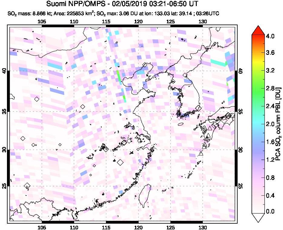 A sulfur dioxide image over Eastern China on Feb 05, 2019.