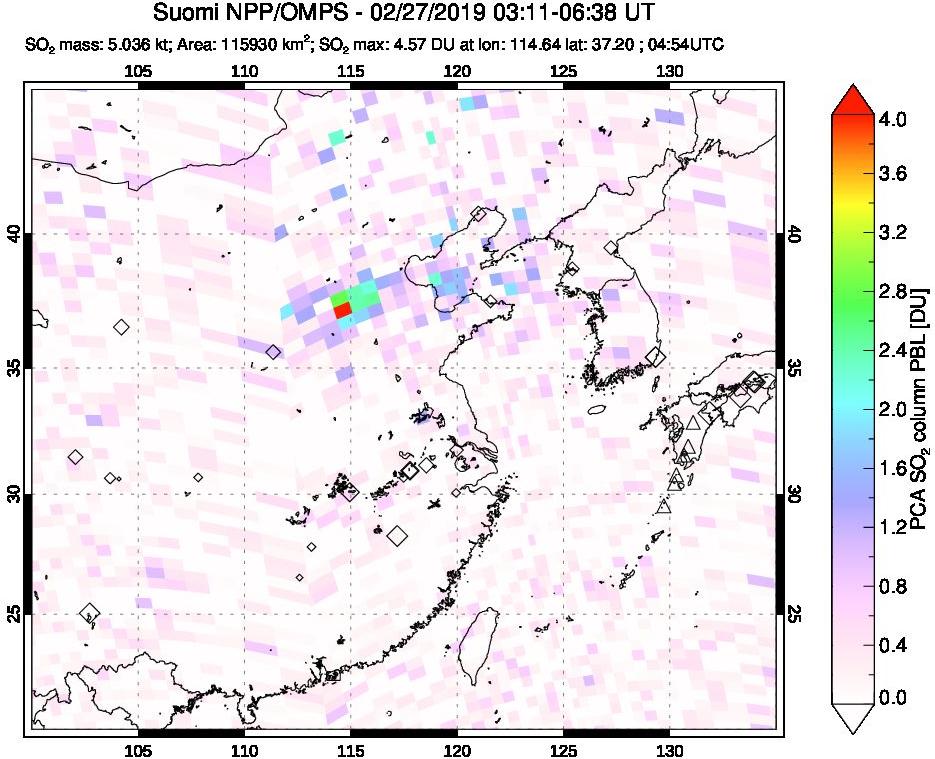 A sulfur dioxide image over Eastern China on Feb 27, 2019.