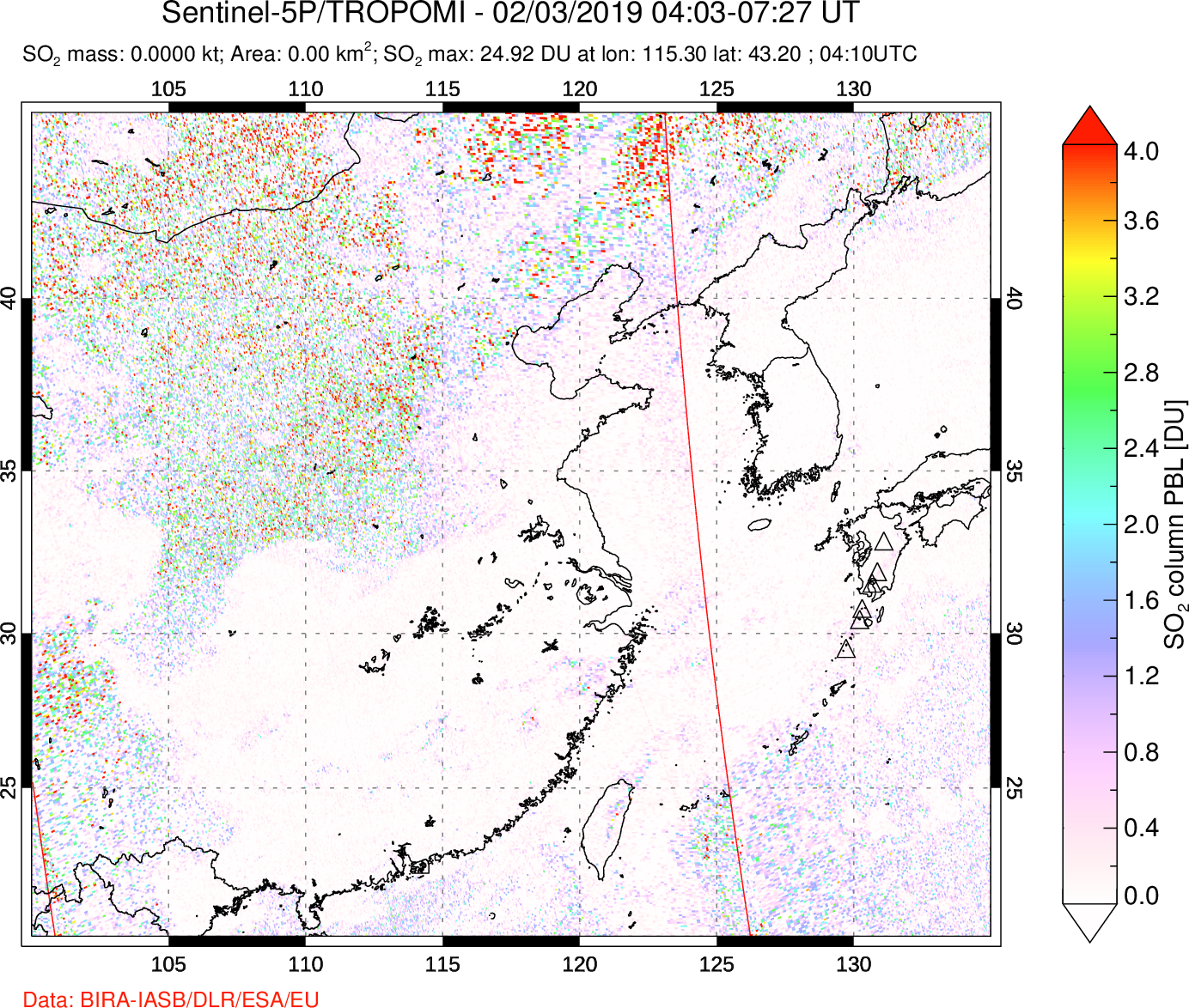 A sulfur dioxide image over Eastern China on Feb 03, 2019.