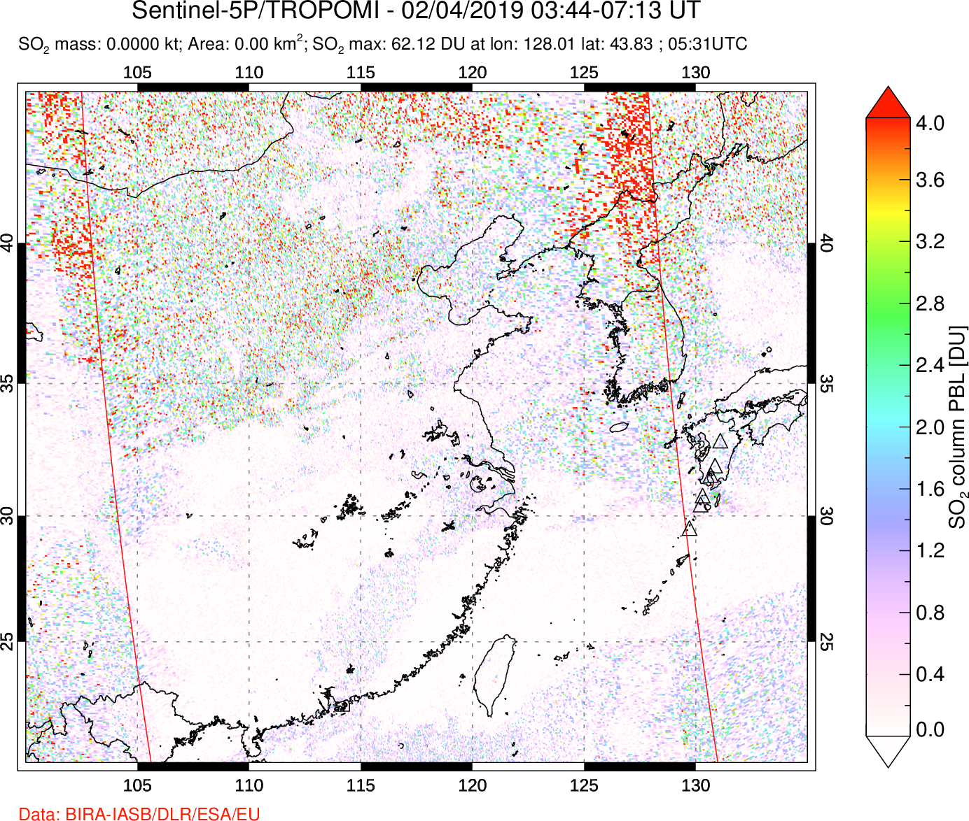 A sulfur dioxide image over Eastern China on Feb 04, 2019.
