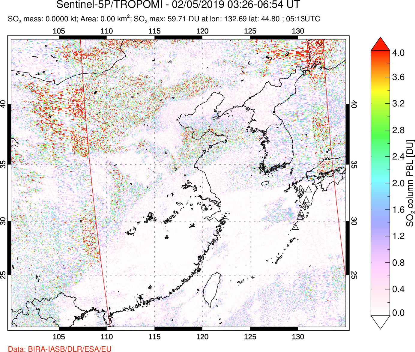A sulfur dioxide image over Eastern China on Feb 05, 2019.