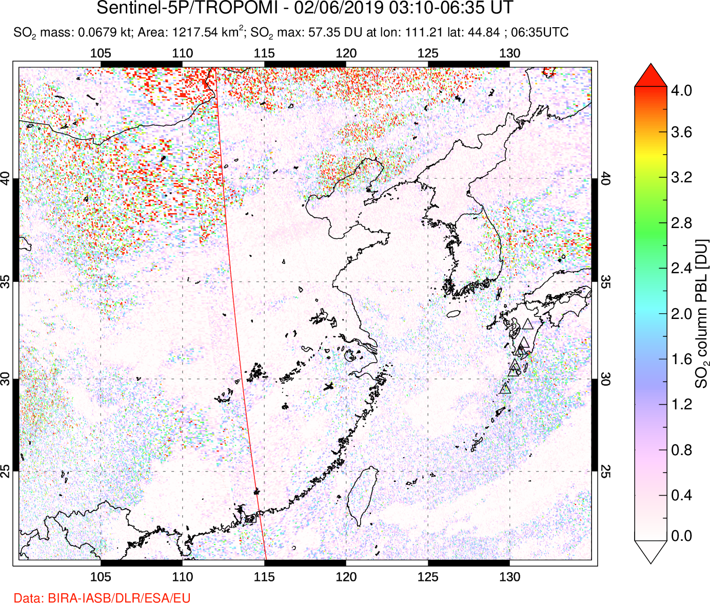 A sulfur dioxide image over Eastern China on Feb 06, 2019.