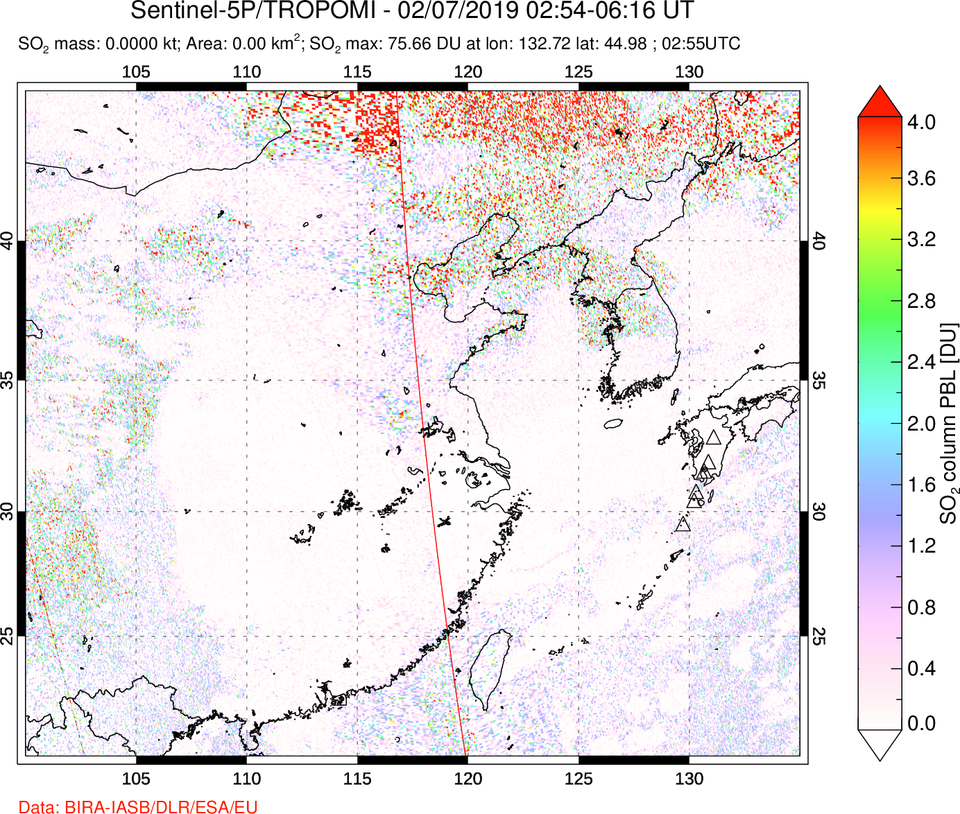 A sulfur dioxide image over Eastern China on Feb 07, 2019.