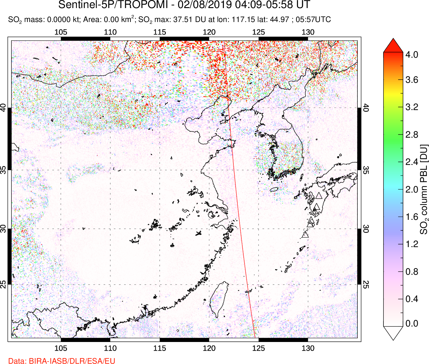 A sulfur dioxide image over Eastern China on Feb 08, 2019.