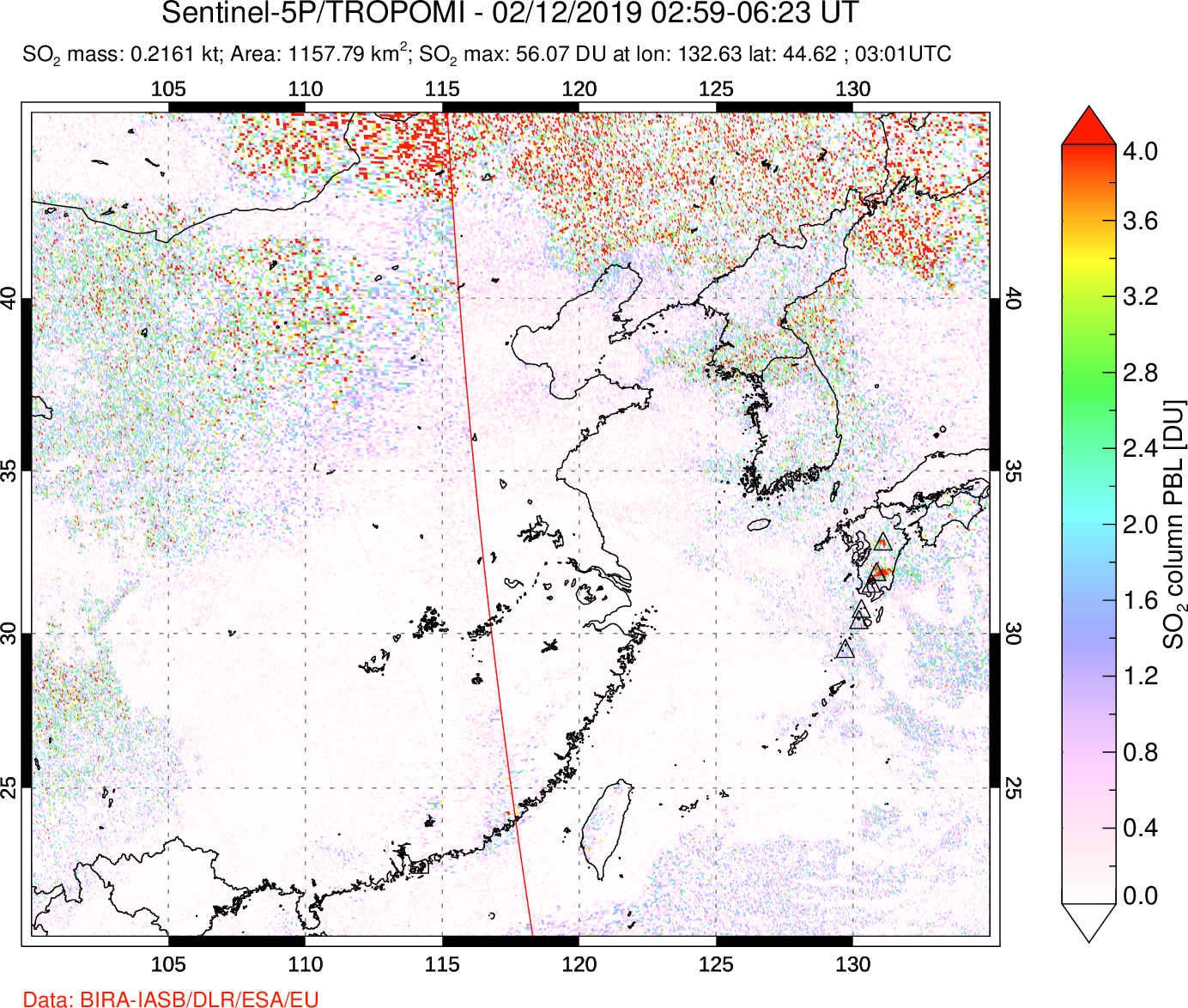 A sulfur dioxide image over Eastern China on Feb 12, 2019.