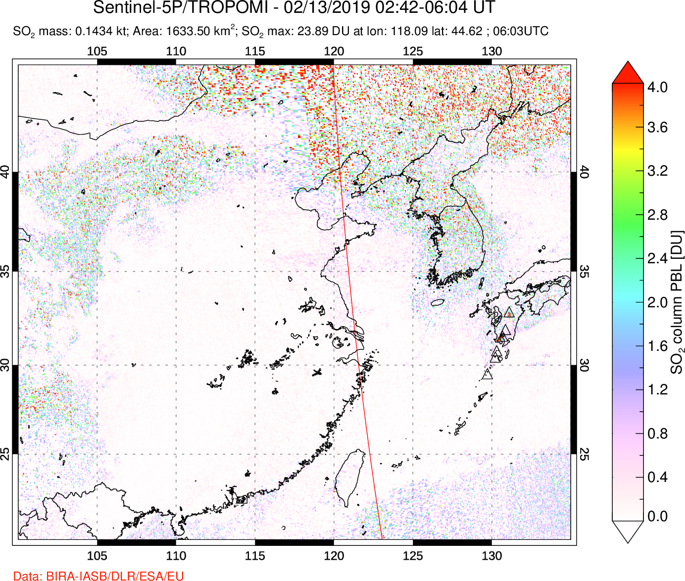 A sulfur dioxide image over Eastern China on Feb 13, 2019.