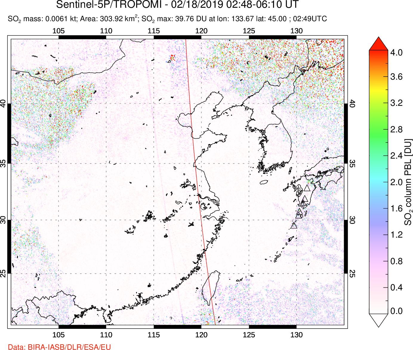 A sulfur dioxide image over Eastern China on Feb 18, 2019.