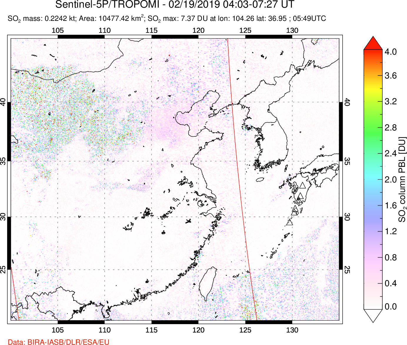 A sulfur dioxide image over Eastern China on Feb 19, 2019.