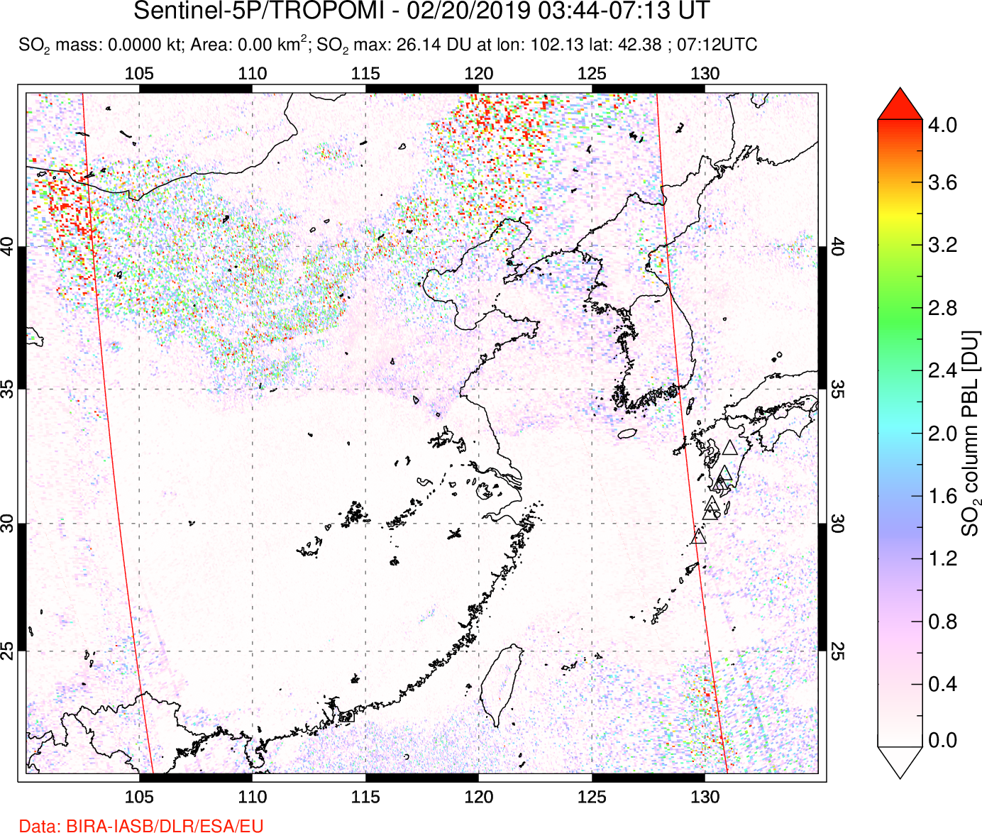 A sulfur dioxide image over Eastern China on Feb 20, 2019.
