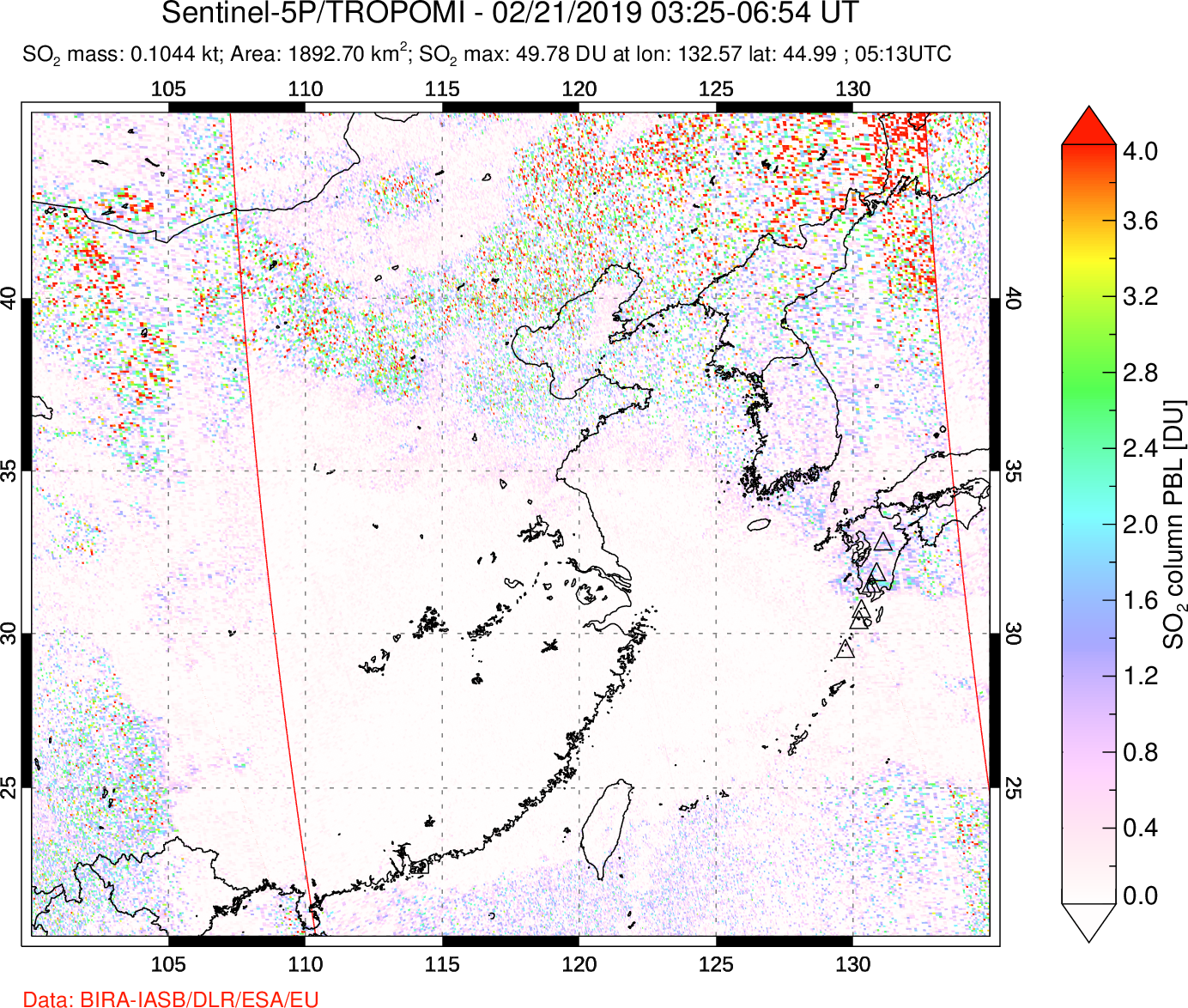 A sulfur dioxide image over Eastern China on Feb 21, 2019.