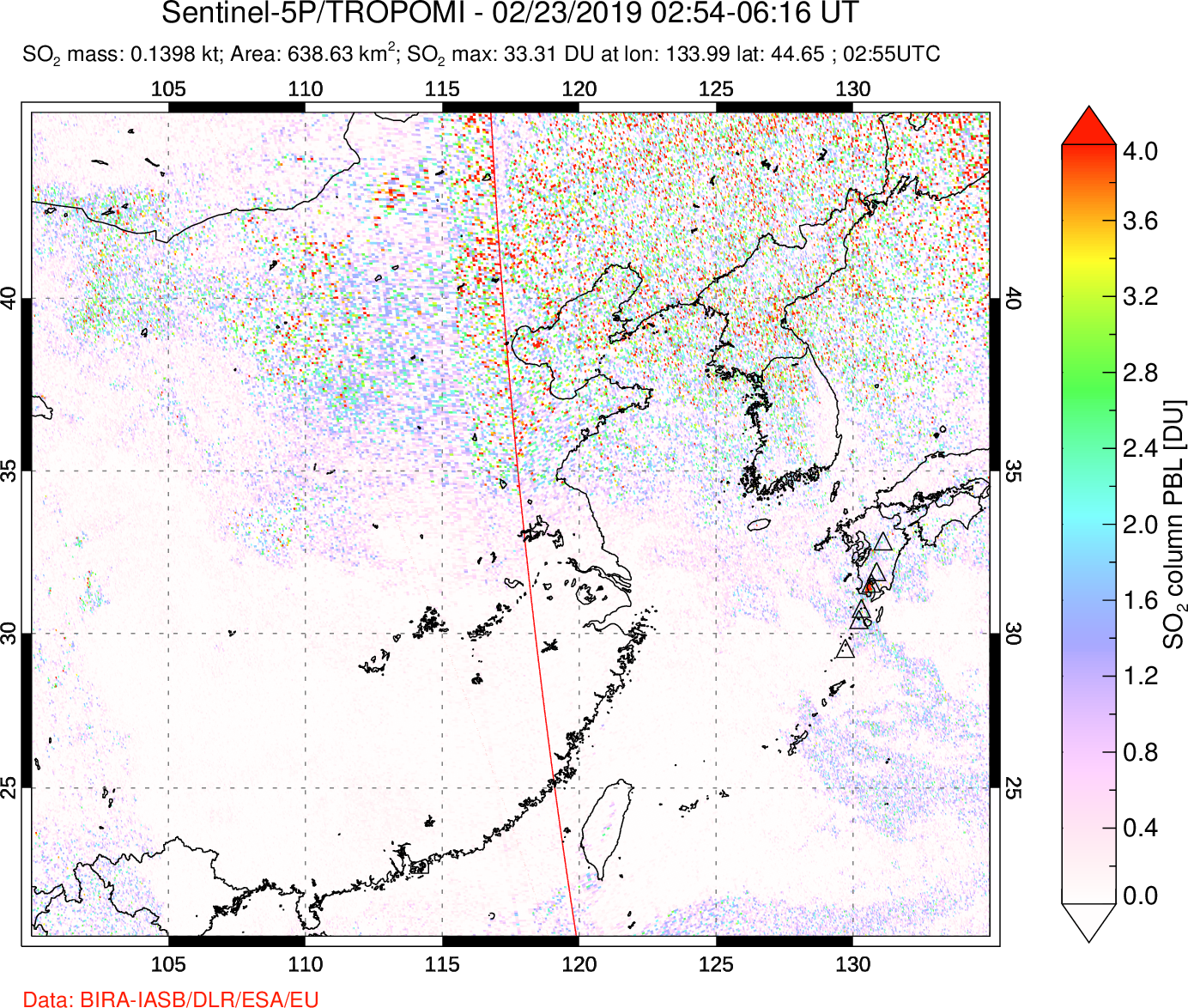 A sulfur dioxide image over Eastern China on Feb 23, 2019.