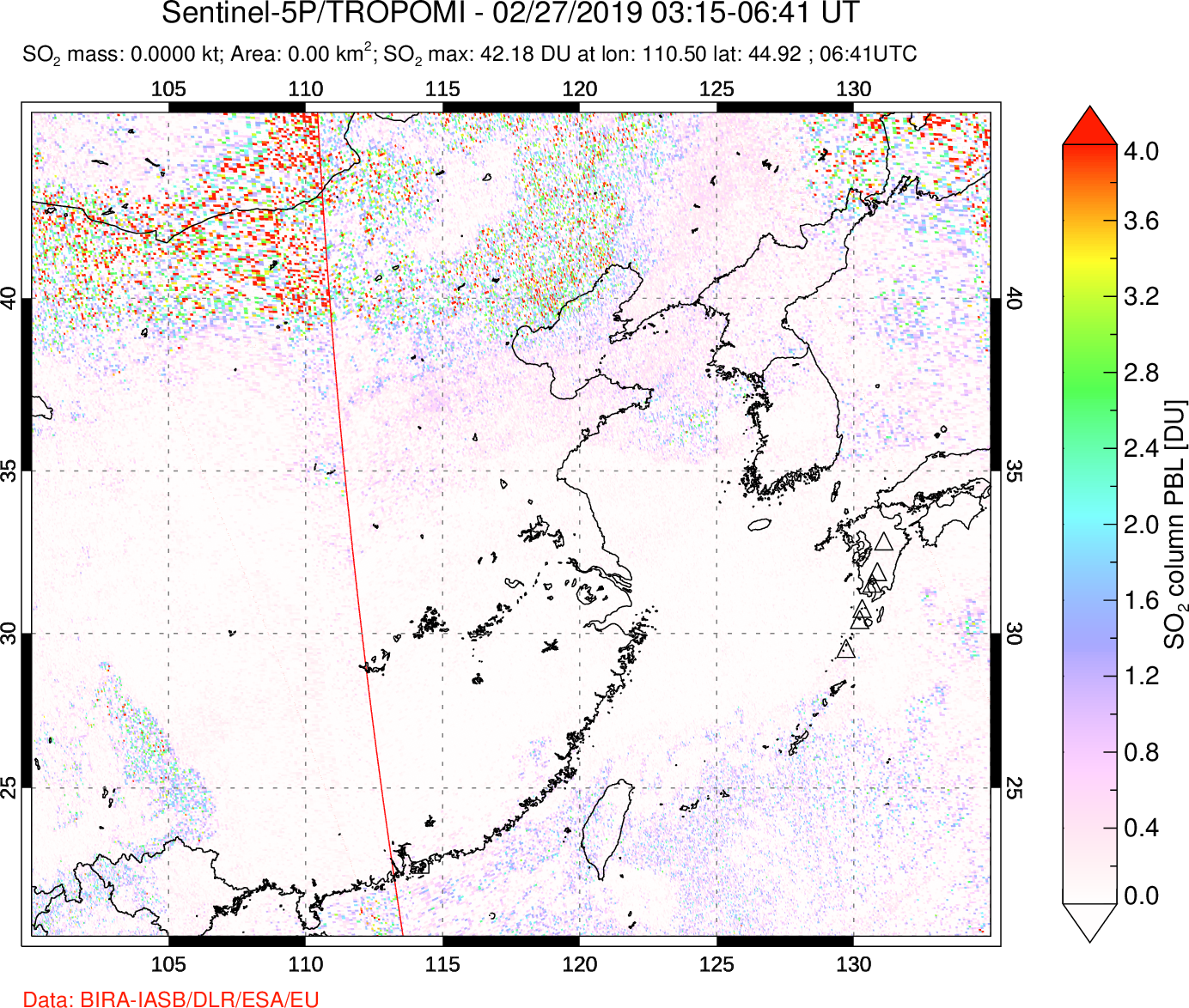 A sulfur dioxide image over Eastern China on Feb 27, 2019.