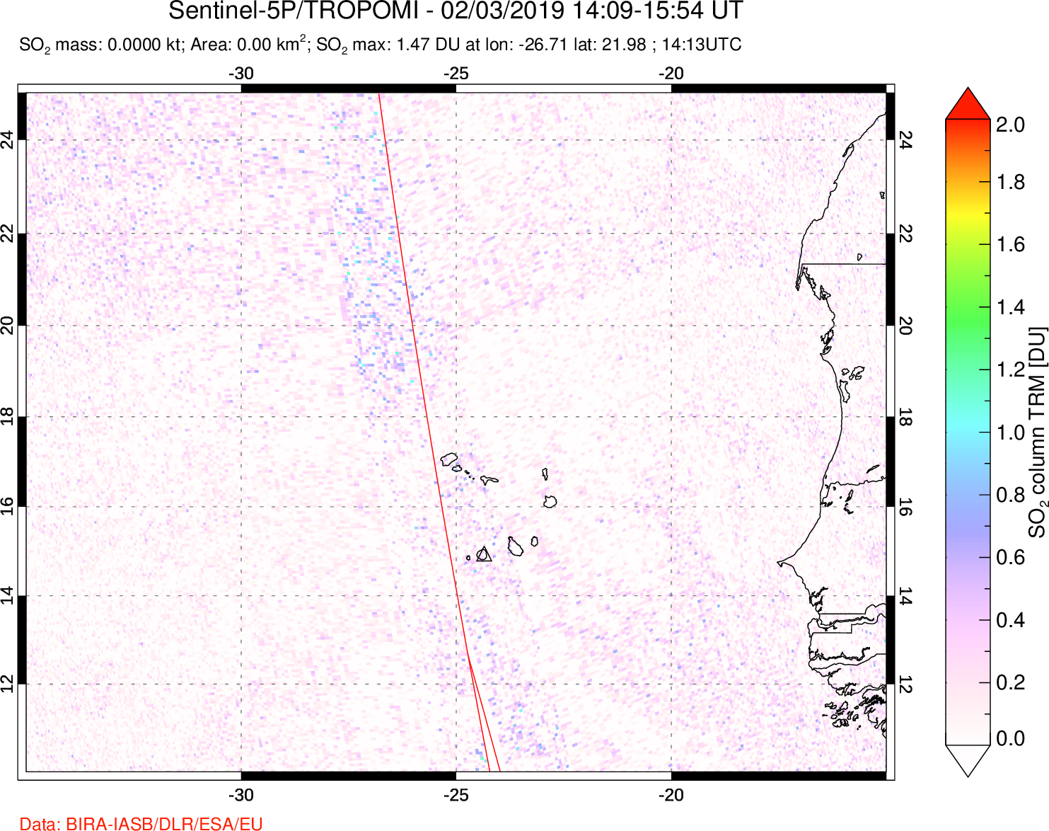 A sulfur dioxide image over Cape Verde Islands on Feb 03, 2019.