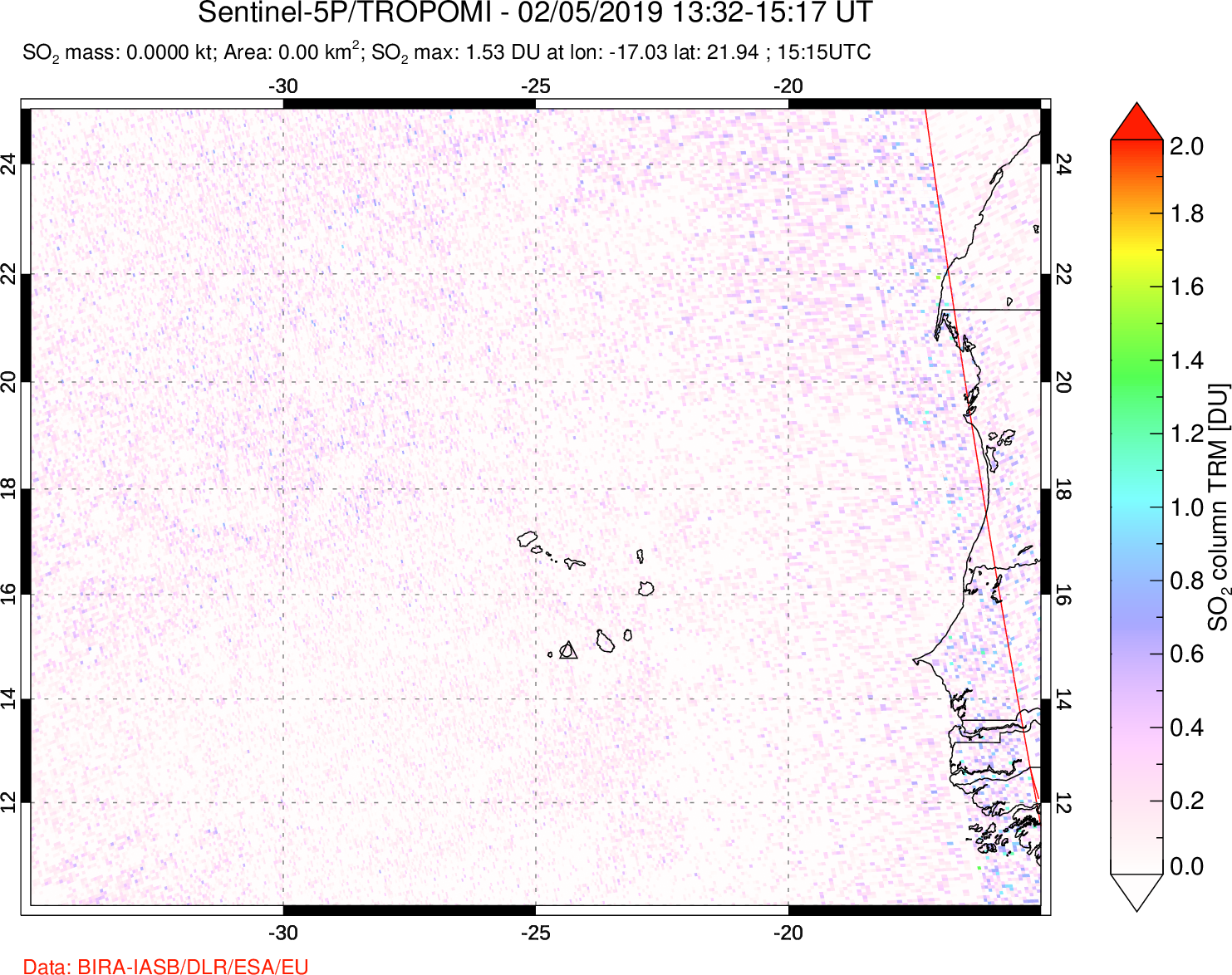 A sulfur dioxide image over Cape Verde Islands on Feb 05, 2019.