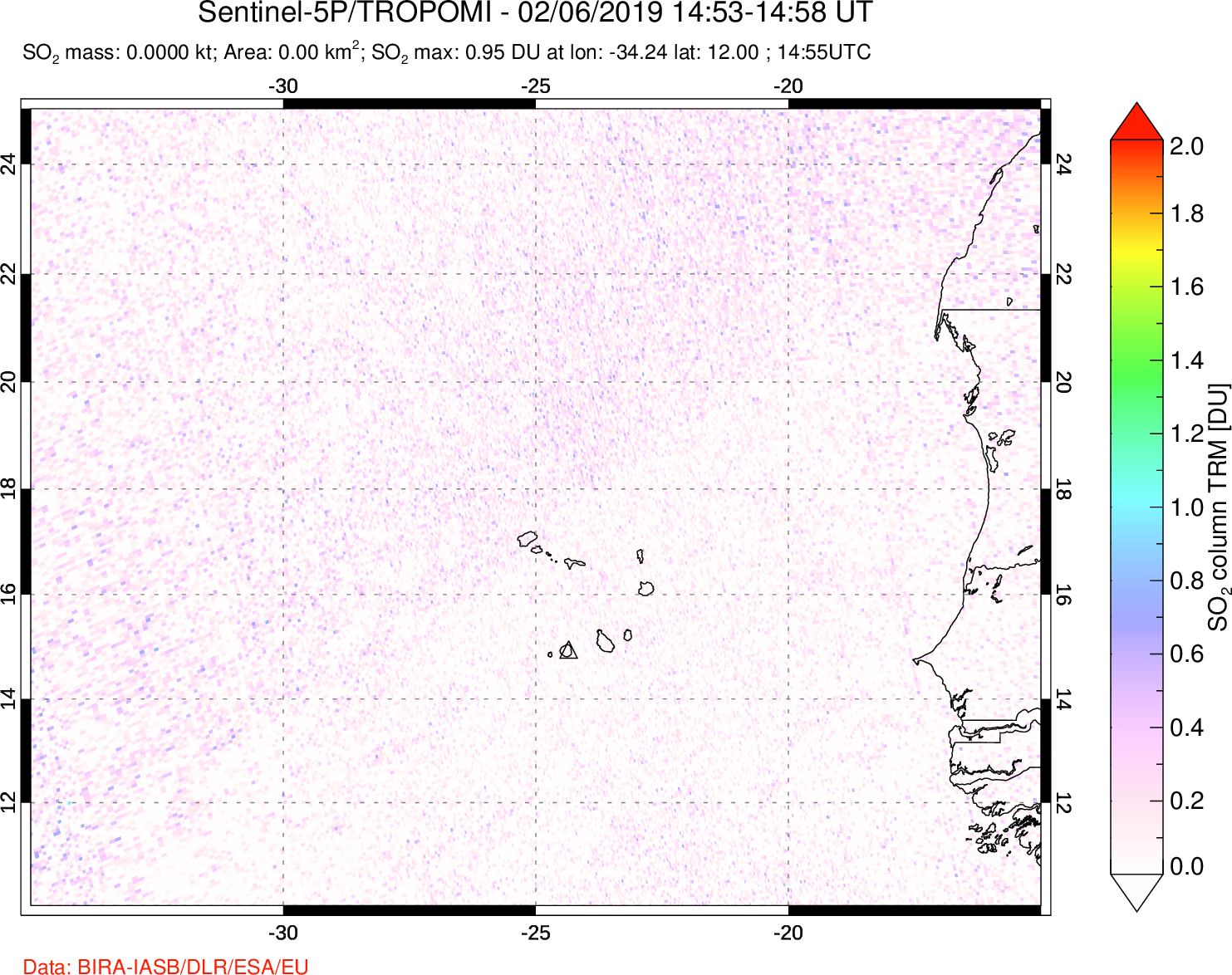 A sulfur dioxide image over Cape Verde Islands on Feb 06, 2019.