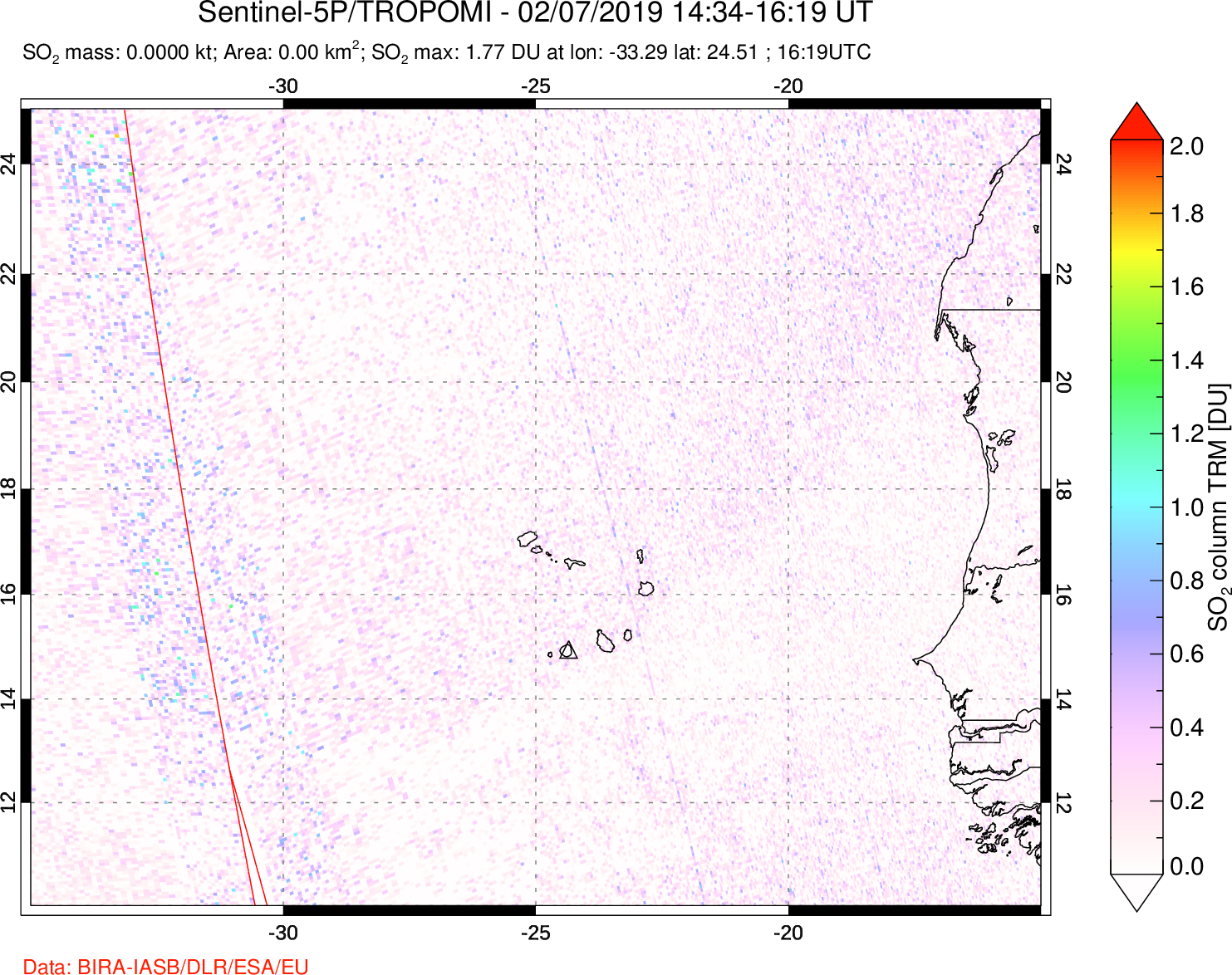 A sulfur dioxide image over Cape Verde Islands on Feb 07, 2019.