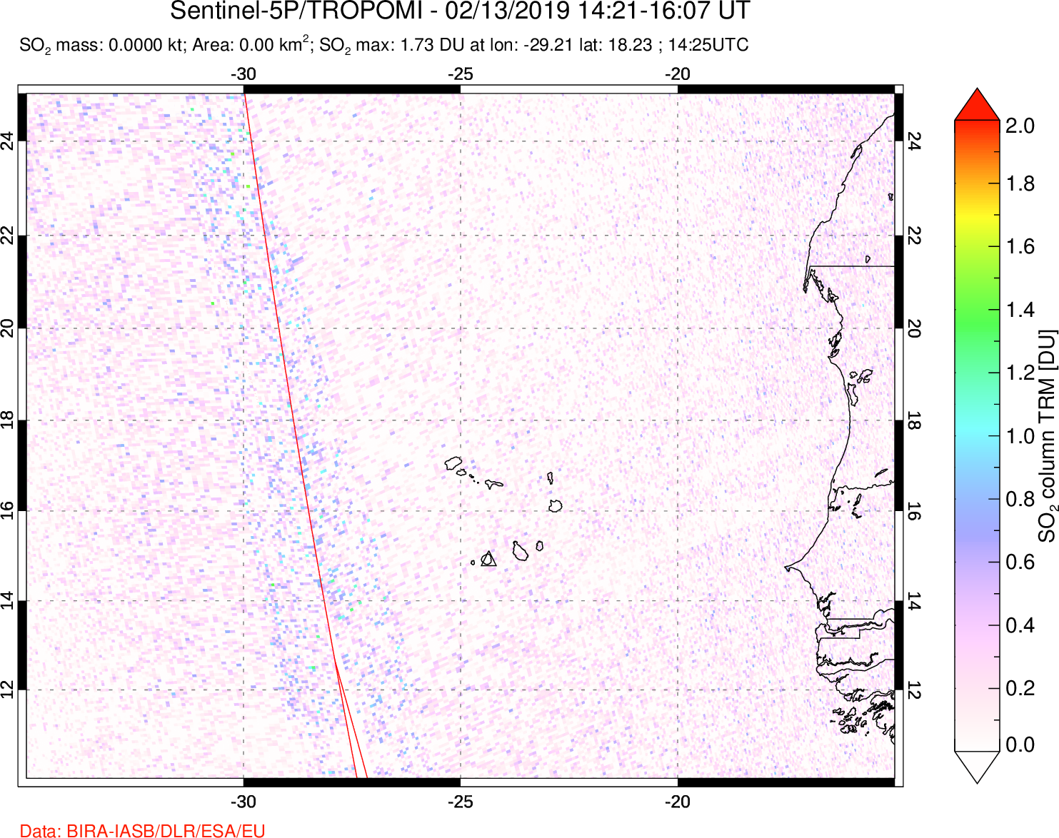 A sulfur dioxide image over Cape Verde Islands on Feb 13, 2019.