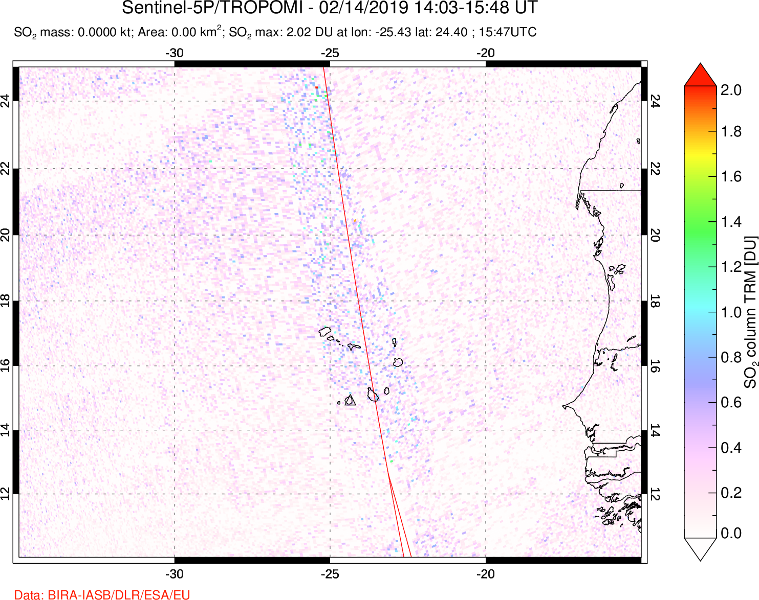 A sulfur dioxide image over Cape Verde Islands on Feb 14, 2019.