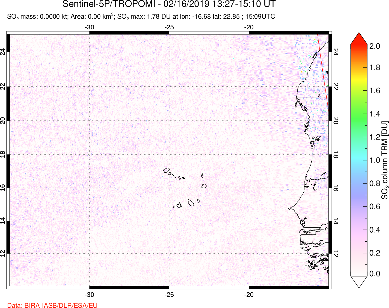 A sulfur dioxide image over Cape Verde Islands on Feb 16, 2019.
