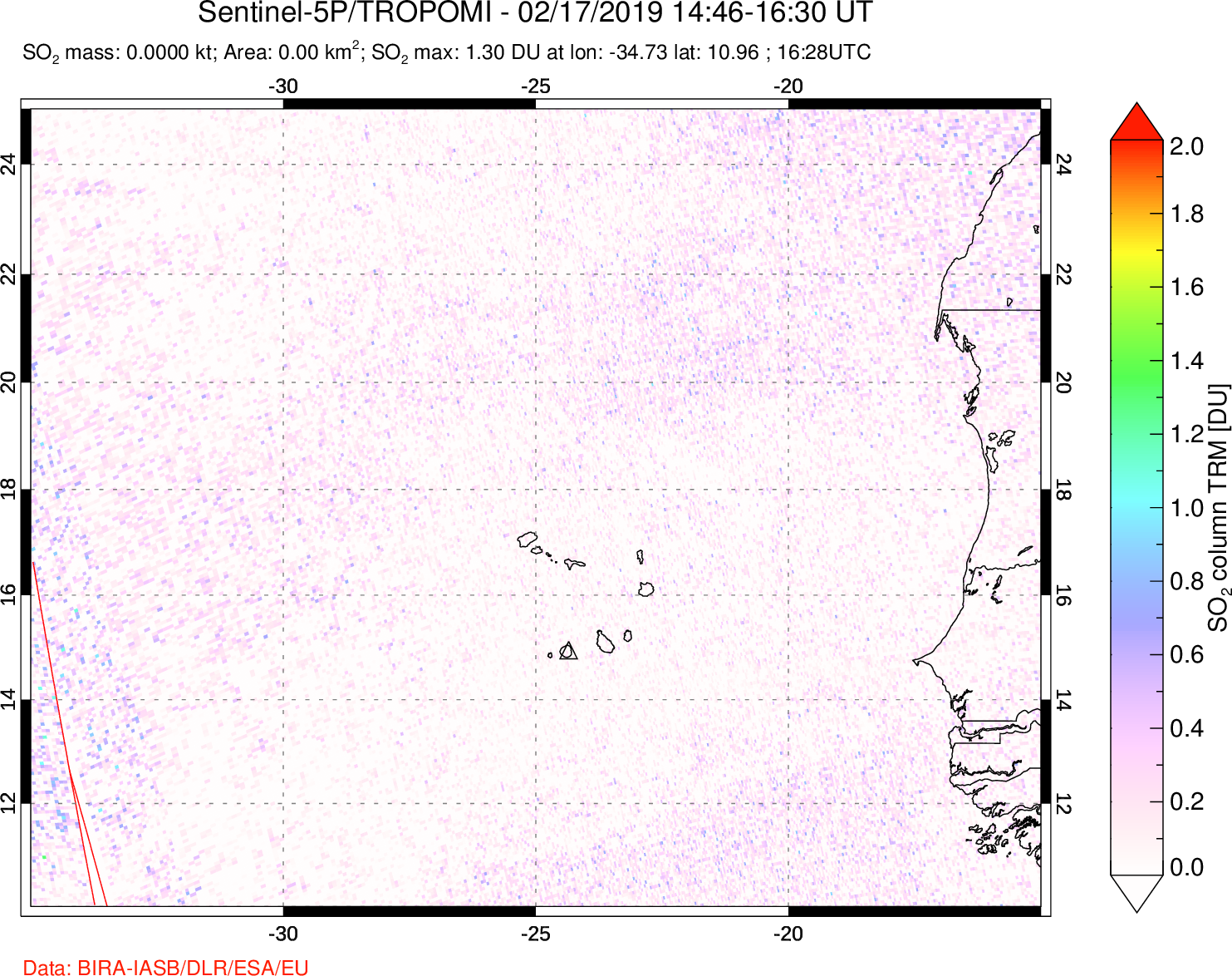 A sulfur dioxide image over Cape Verde Islands on Feb 17, 2019.
